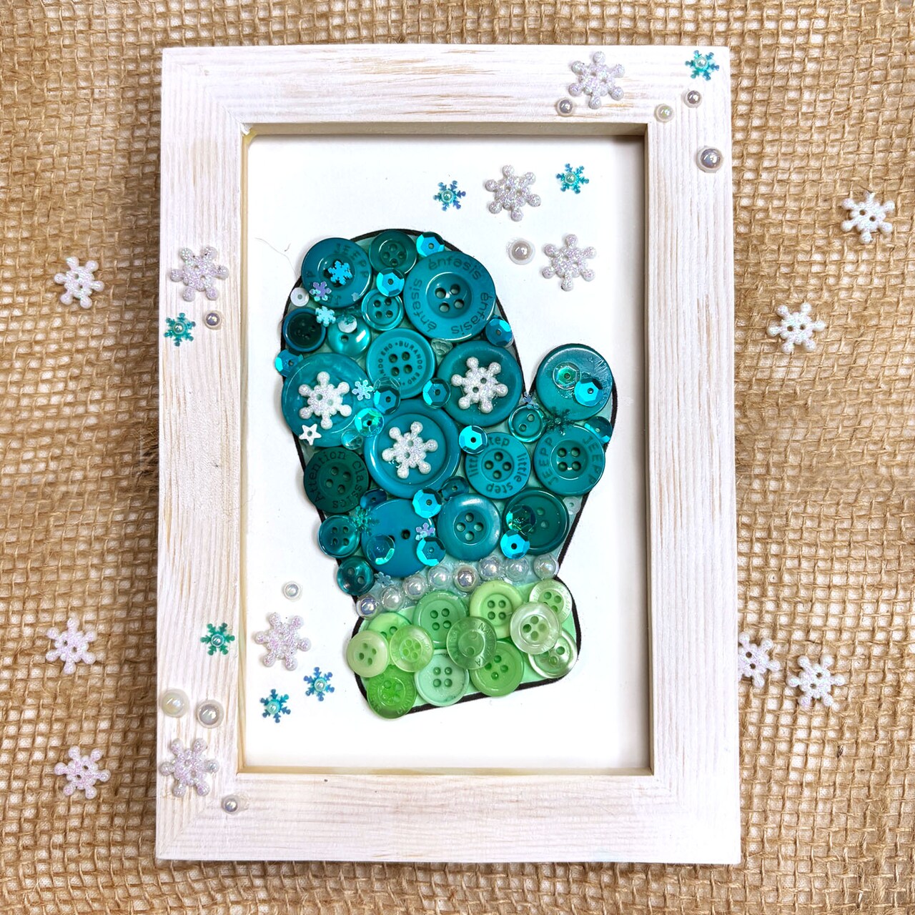 Buttons Galore & More DIY Button Art Frame Kit, Winter Mitten Design with Snowflakes, Wood Frame, Turquoise and Green Buttons, Wall Decor Craft Set, Ages 6+